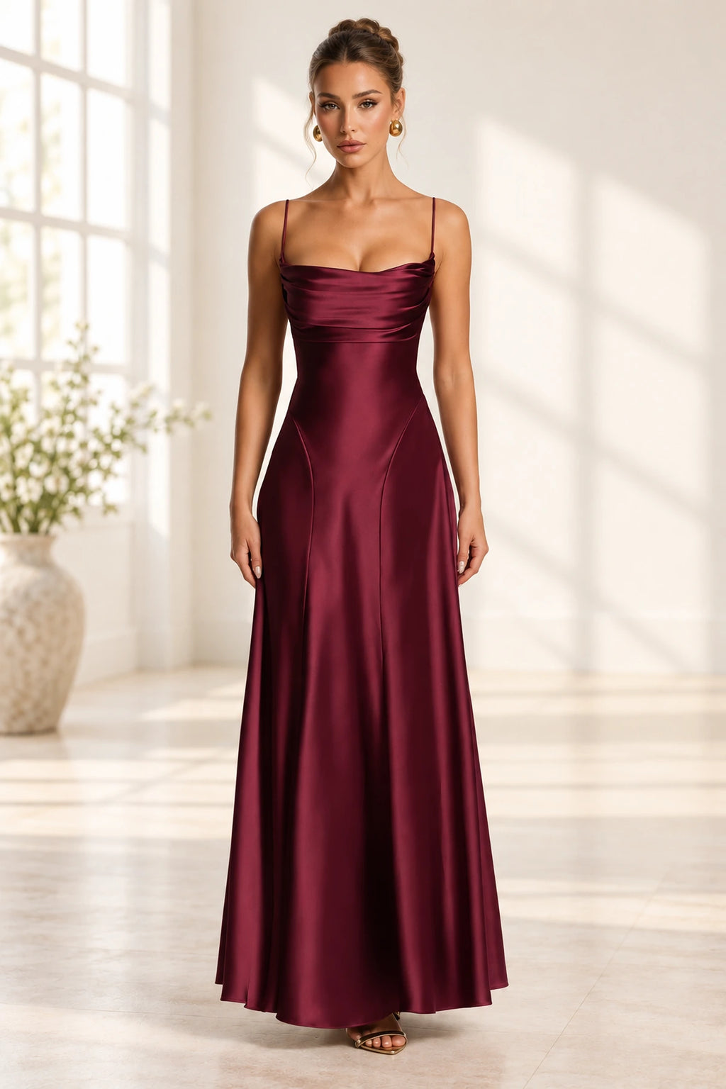 Elegant Cowl Neck Spaghetti Strap Lace Up Back Long Bridesmaid Dress