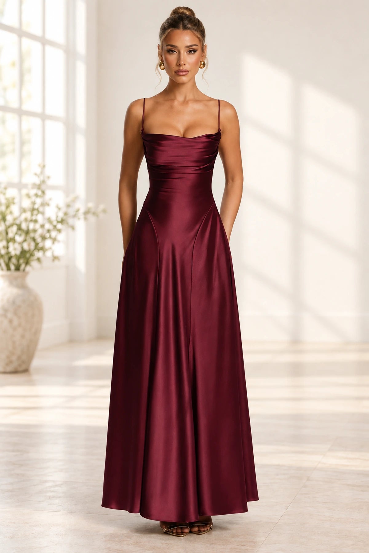 Elegant Cowl Neck Spaghetti Strap Lace Up Back Long Bridesmaid Dress
