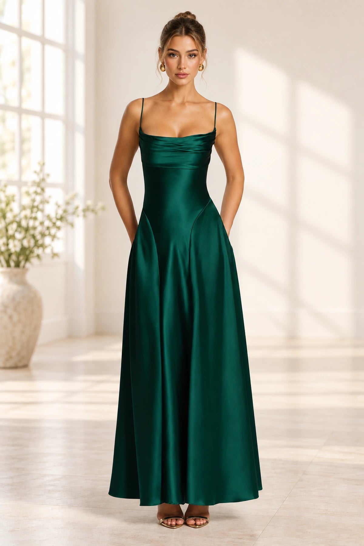 Elegant Cowl Neck Spaghetti Strap Lace Up Back Long Bridesmaid Dress