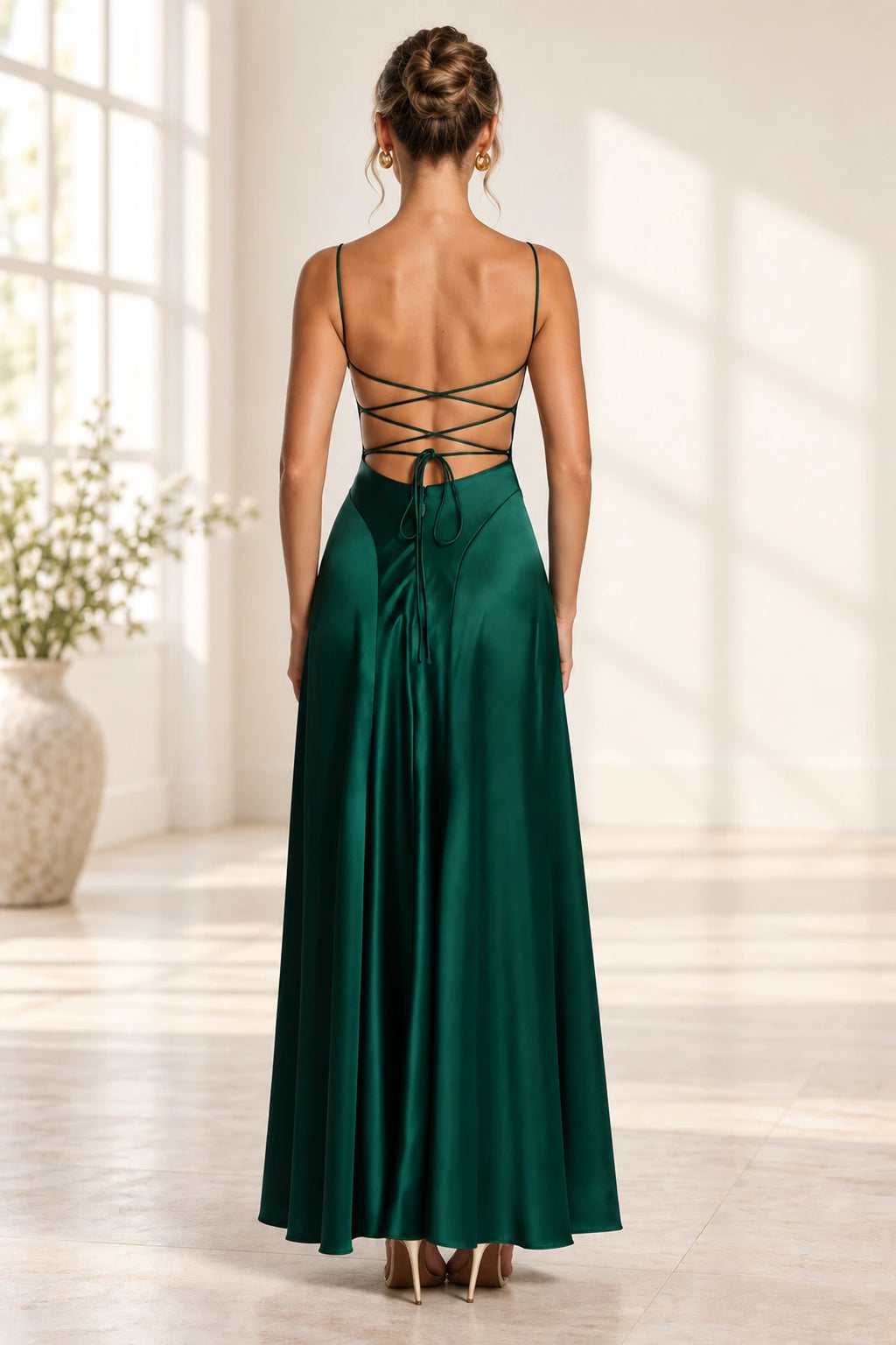 Elegant Cowl Neck Spaghetti Strap Lace Up Back Long Bridesmaid Dress