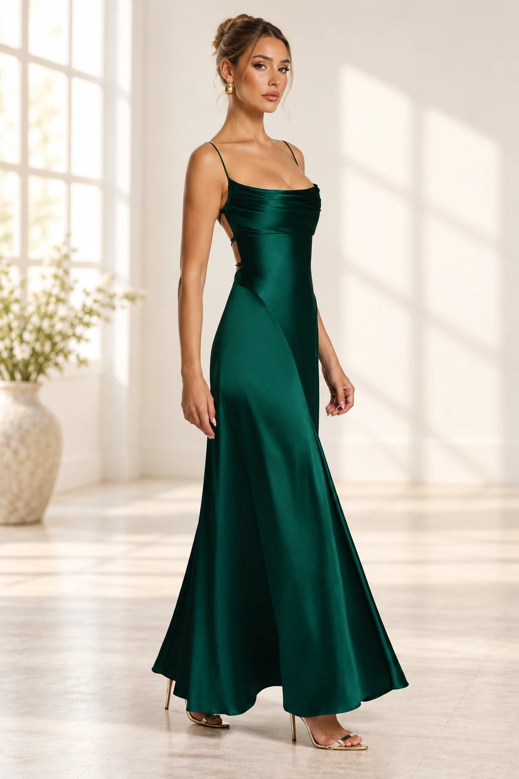Elegant Cowl Neck Spaghetti Strap Lace Up Back Long Bridesmaid Dress
