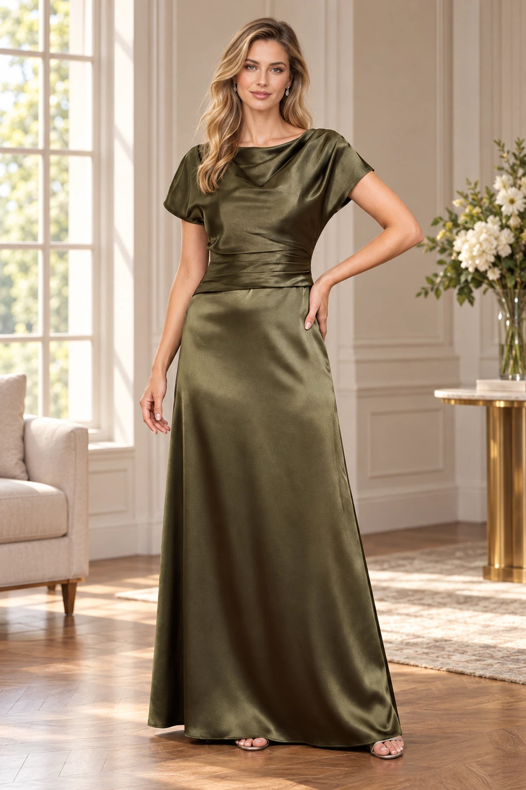 Olive green A-line cowl neck short sleeve Mother of the Bride Dress front view