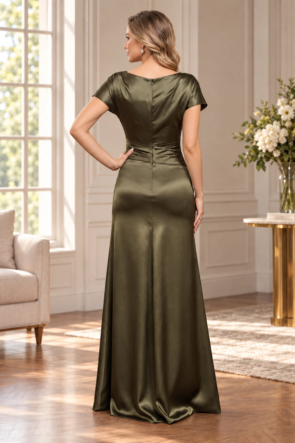 Olive green Mother of the Bride Dress with short sleeves and center back zipper