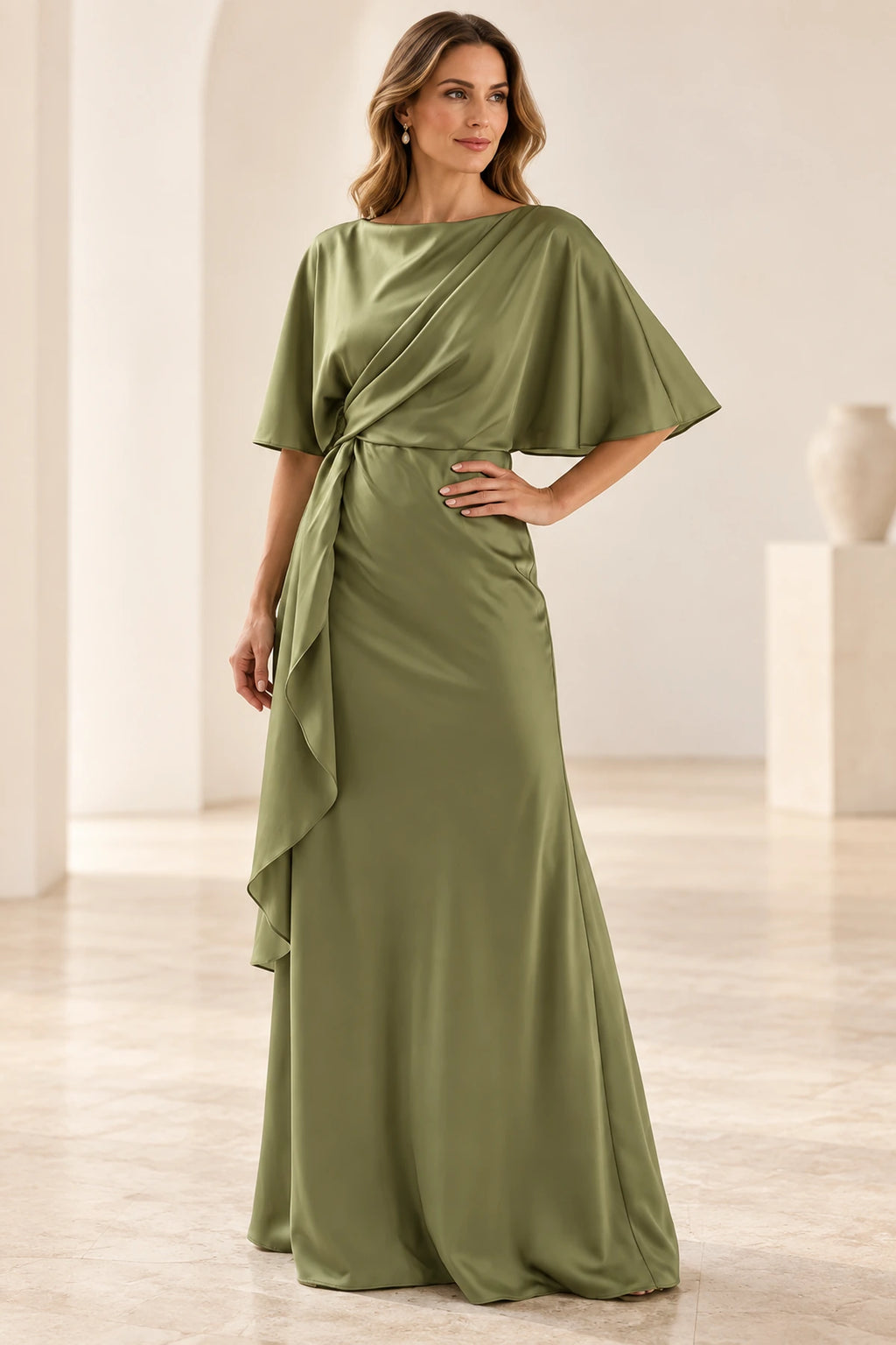 Olive green sheath Mother of the Bride Dress with boat neckline, half sleeves, draped waist and cascading side ruffle