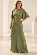 Olive green sheath Mother of the Bride Dress with boat neckline, half sleeves, draped waist and cascading side ruffle