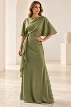 Olive green sheath Mother of the Bride Dress with boat neckline, half sleeves, draped waist and cascading side ruffle