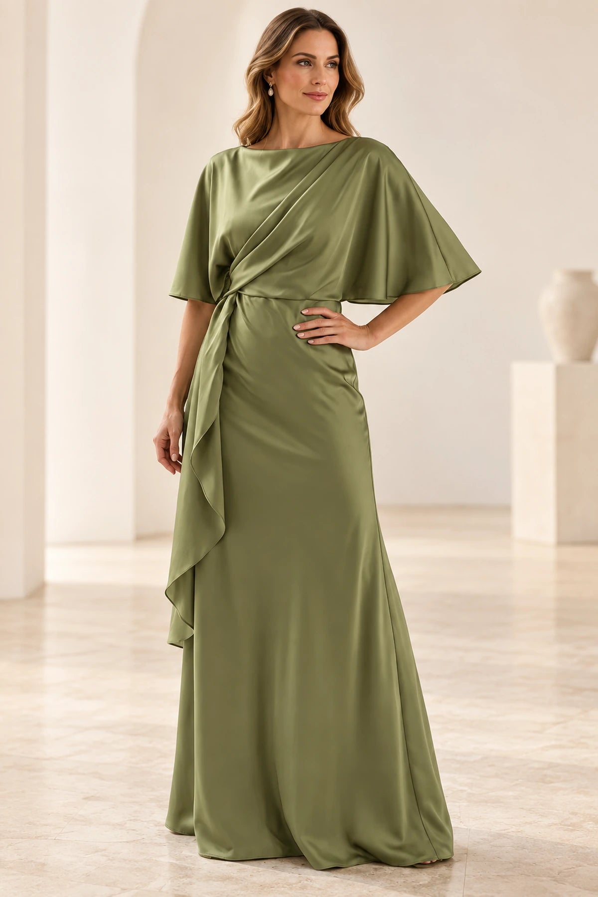 Olive green sheath Mother of the Bride Dress with boat neckline, half sleeves, draped waist and cascading side ruffle