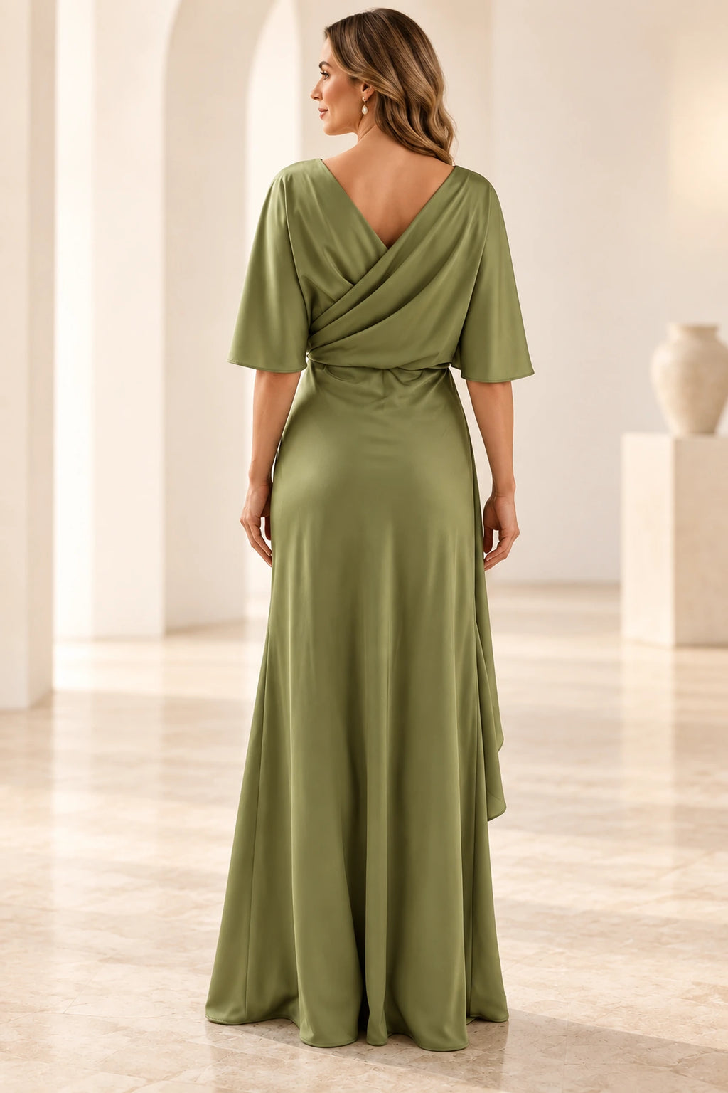 Back view of olive green Mother of the Bride Dress with V-back, half sleeves and floor-length sheath silhouette