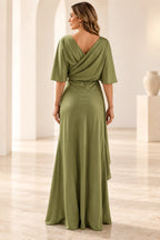 Back view of olive green Mother of the Bride Dress with V-back, half sleeves and floor-length sheath silhouette