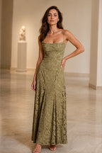 Olive green floral square neck spaghetti strap wedding guest dress front view
