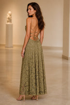 Olive green floral wedding guest dress with open lace up back