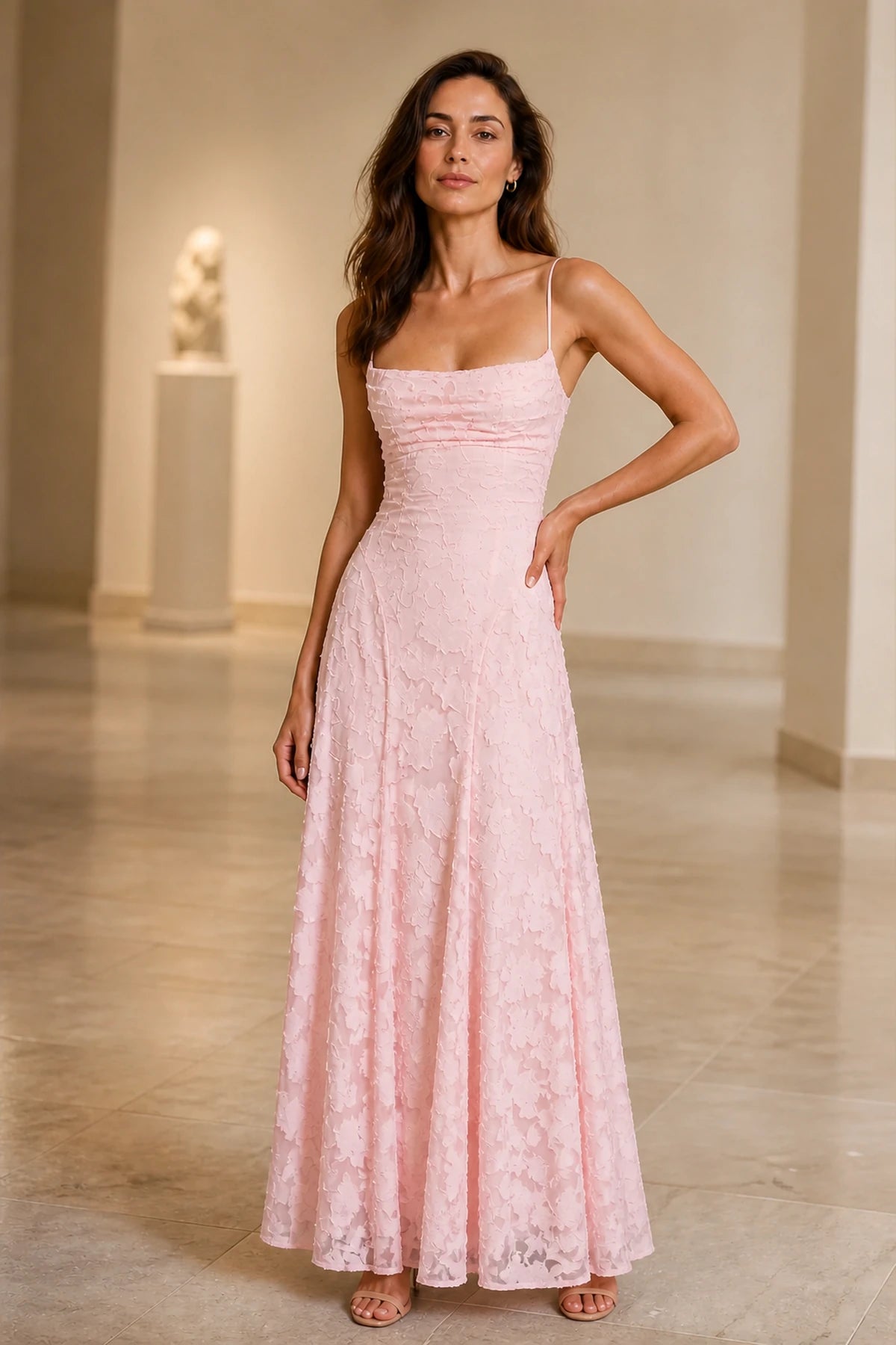 Chic A-Line Square-Neck Spaghetti-Strap Lace-Up-Back Floor-Length Wedding Guest Dress