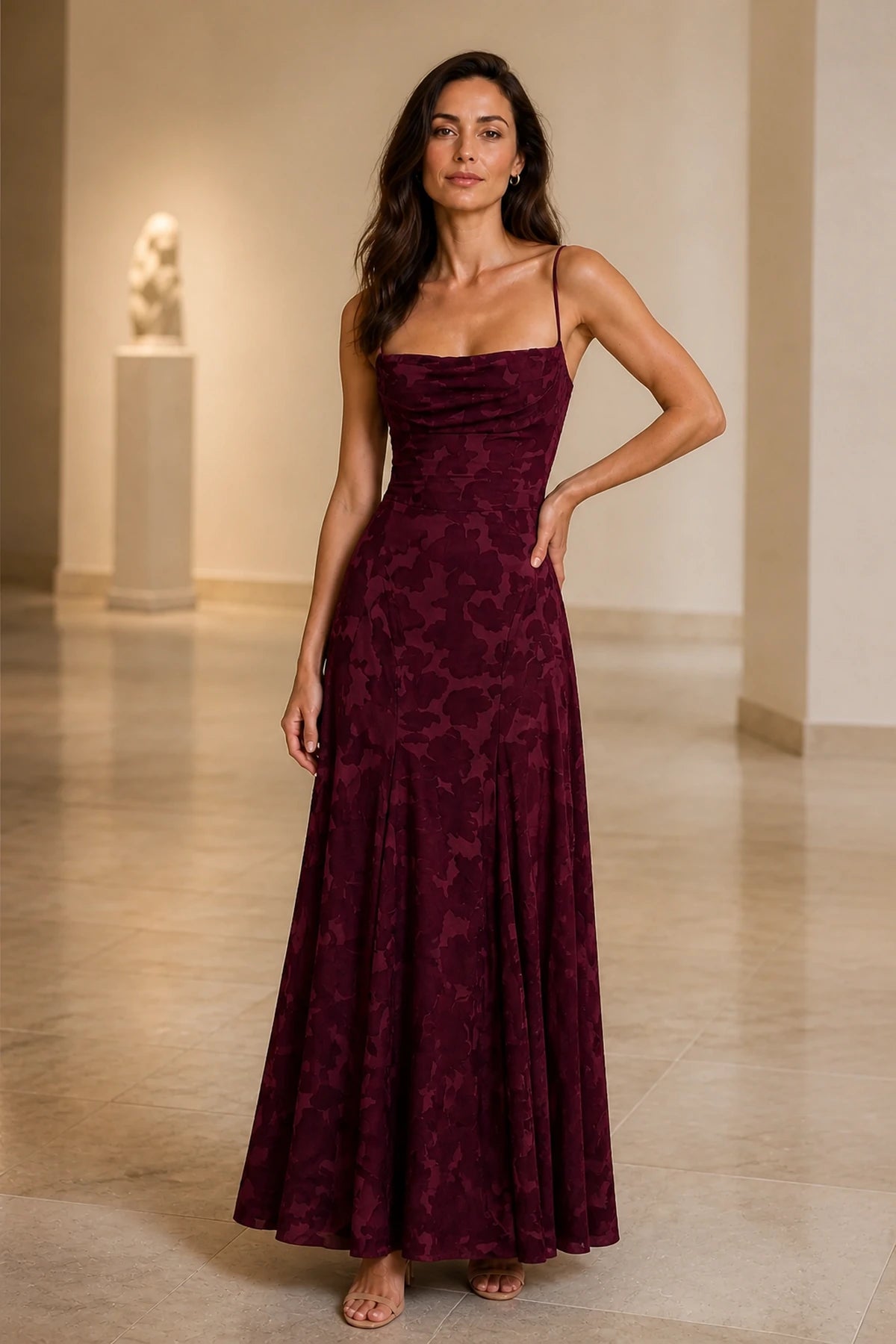 Chic A-Line Square-Neck Spaghetti-Strap Lace-Up-Back Floor-Length Wedding Guest Dress