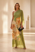 Olive green one shoulder floral chiffon A-line long wedding guest dress