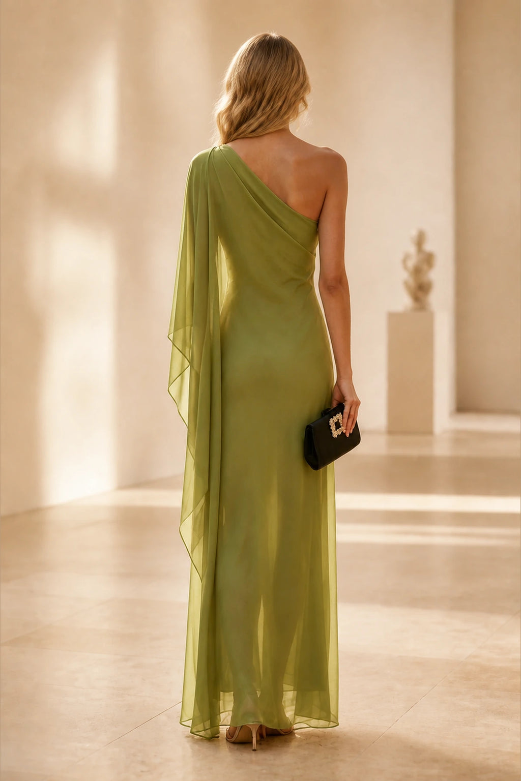 Olive green one shoulder floral chiffon A-line long wedding guest dress