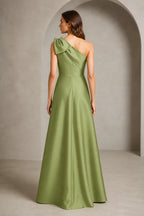 Back view of olive green one shoulder floor length mother of the bride dress with bow shoulder and zipper back