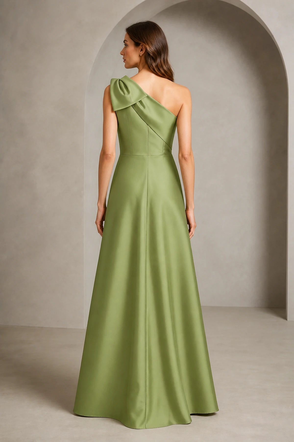 Back view of olive green one shoulder floor length mother of the bride dress with bow shoulder and zipper back