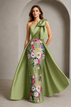 Olive green one shoulder mother of the bride dress with floral embroidery and flowing A-line overskirt by GraceProm