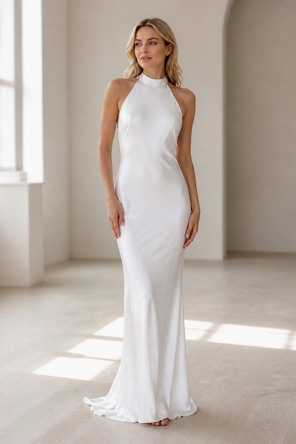 Modern Mermaid Halter Neck Sleeveless Open Back Long Bridesmaid Dress