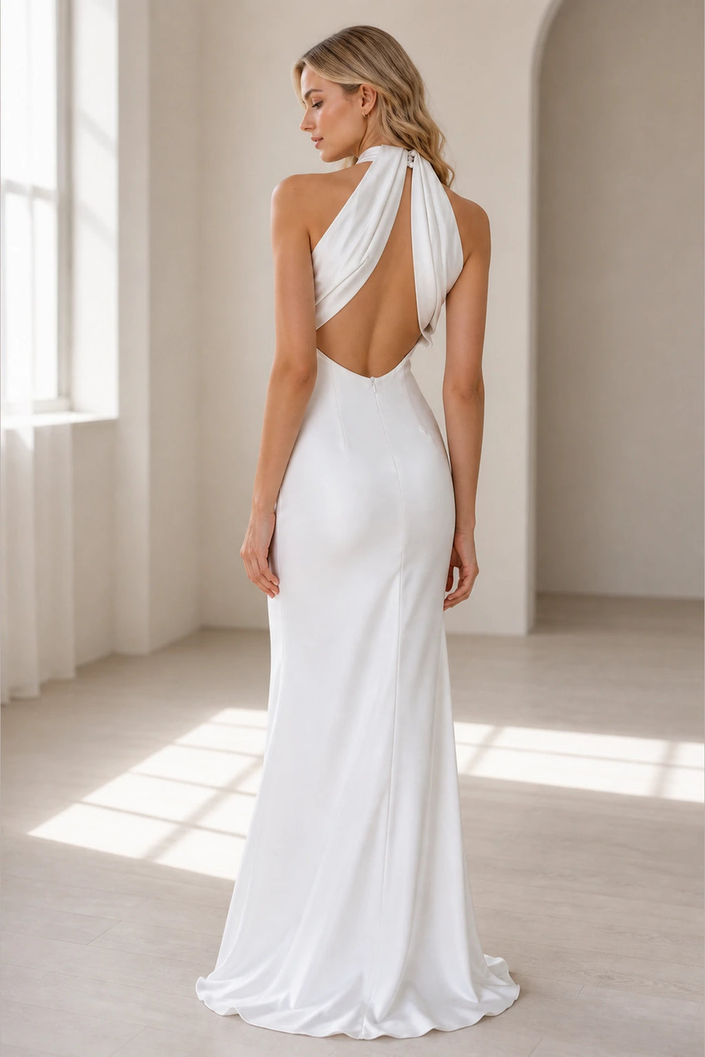 Modern Mermaid Halter Neck Sleeveless Open Back Long Bridesmaid Dress