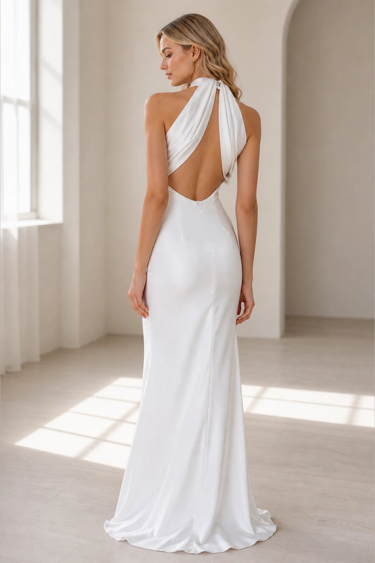 Modern Mermaid Halter Neck Sleeveless Open Back Long Bridesmaid Dress