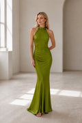 Olive green halter neck mermaid long bridesmaid dress by GraceProm