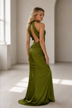 Olive green bridesmaid dress with draped halter open back by GraceProm