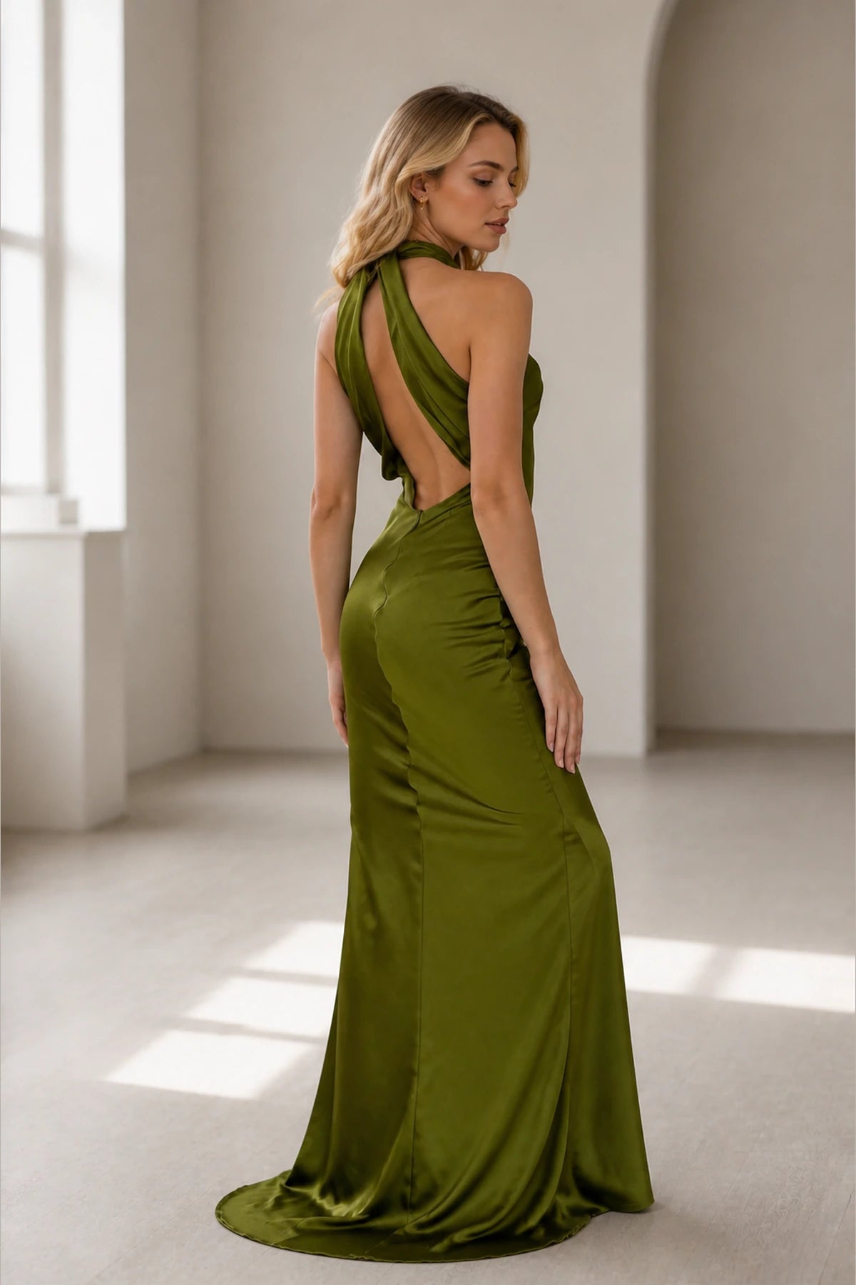 Olive green bridesmaid dress with draped halter open back by GraceProm