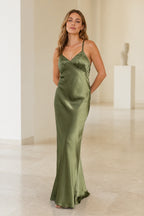 Olive green sheath V-neck spaghetti strap long bridesmaid dress with cross-back straps and lace-up back, front and back view by Vedress