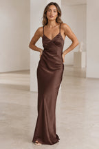 Sleek Sheath V-Neck Spaghetti-Strap Lace-Up Back Long Bridesmaid Dress