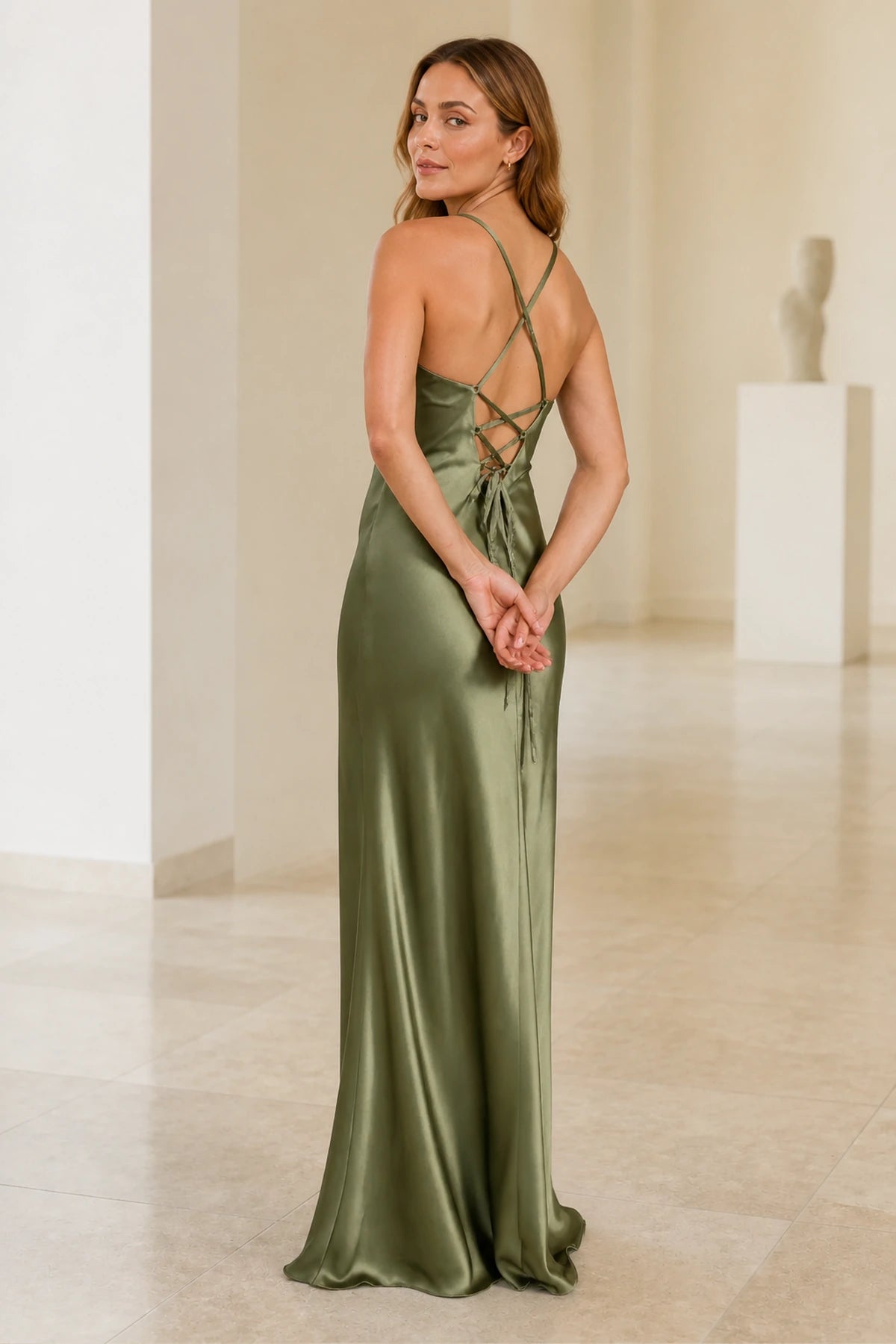 Olive green sheath V-neck spaghetti strap long bridesmaid dress with cross-back straps and lace-up back, front and back view by Vedress
