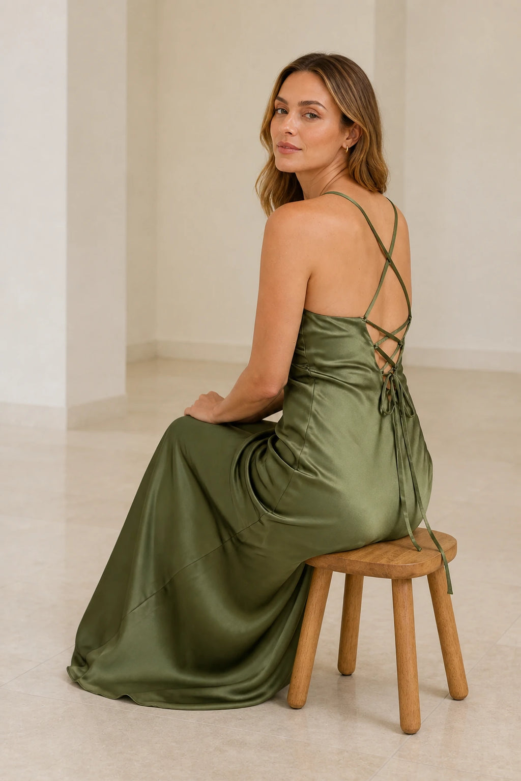 Sleek Sheath V-Neck Spaghetti-Strap Lace-Up Back Long Bridesmaid Dress