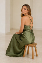 Sleek Sheath V-Neck Spaghetti-Strap Lace-Up Back Long Bridesmaid Dress