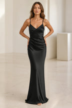 Sleek Sheath V-Neck Spaghetti-Strap Lace-Up Back Long Bridesmaid Dress