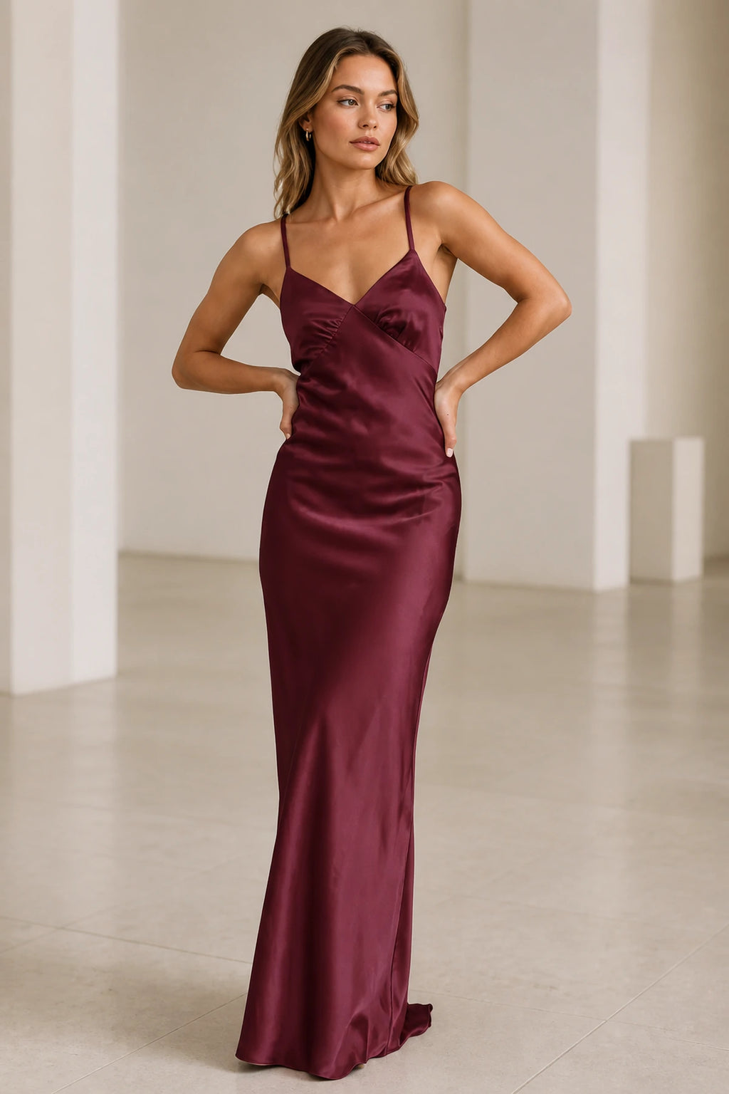 Sleek Sheath V-Neck Spaghetti-Strap Lace-Up Back Long Bridesmaid Dress
