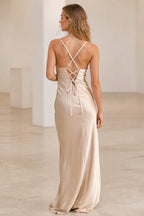 Sleek Sheath V-Neck Spaghetti-Strap Lace-Up Back Long Bridesmaid Dress