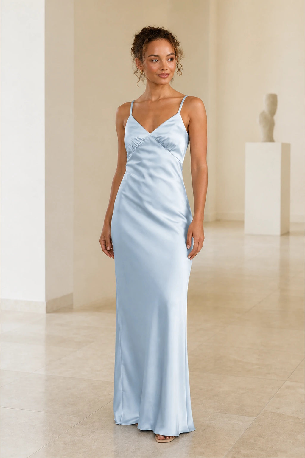 Sleek Sheath V-Neck Spaghetti-Strap Lace-Up Back Long Bridesmaid Dress