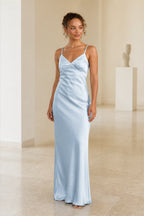 Sleek Sheath V-Neck Spaghetti-Strap Lace-Up Back Long Bridesmaid Dress
