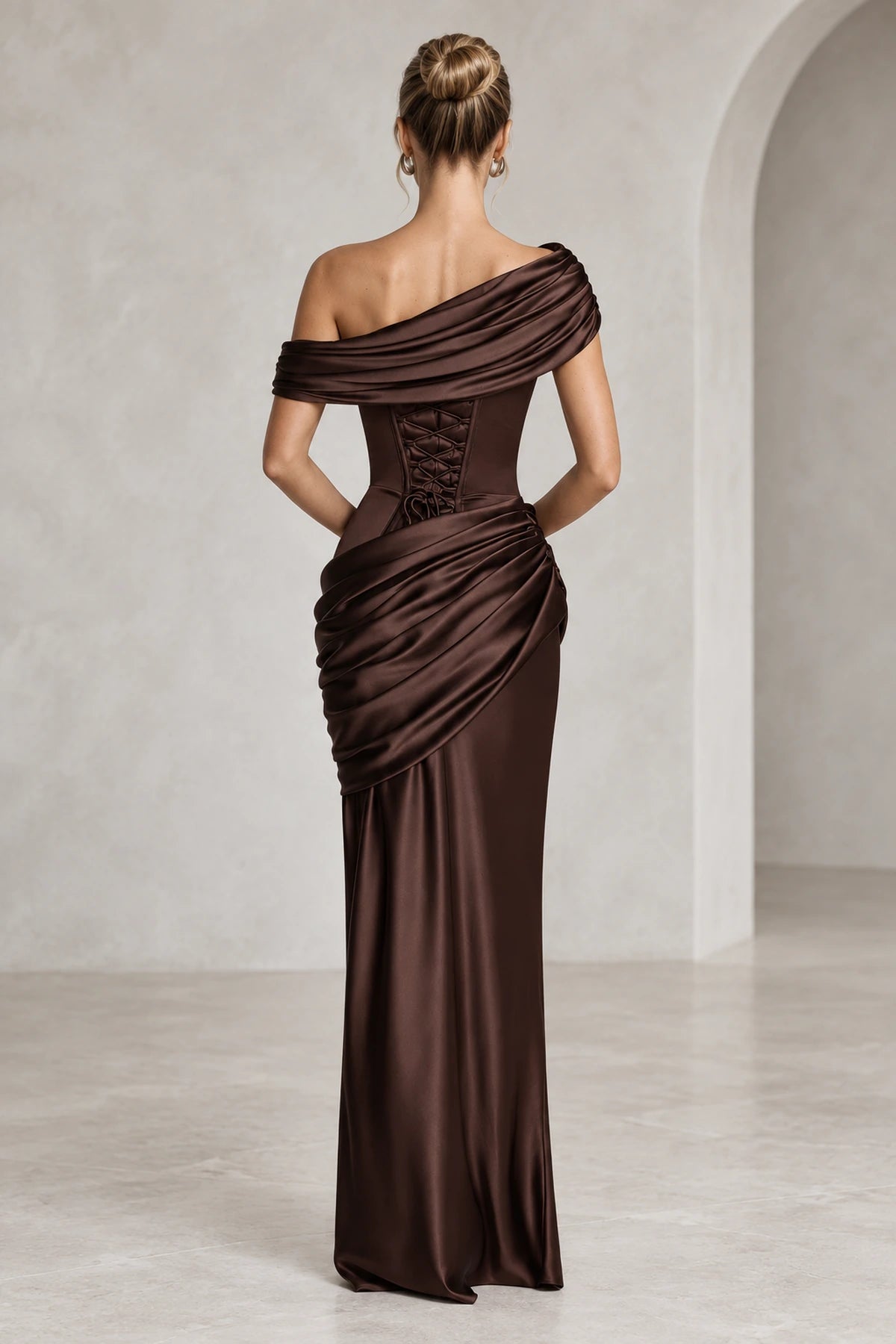 Elegant Sheath Off Shoulder Draped Closed Back Maxi Evening Dress