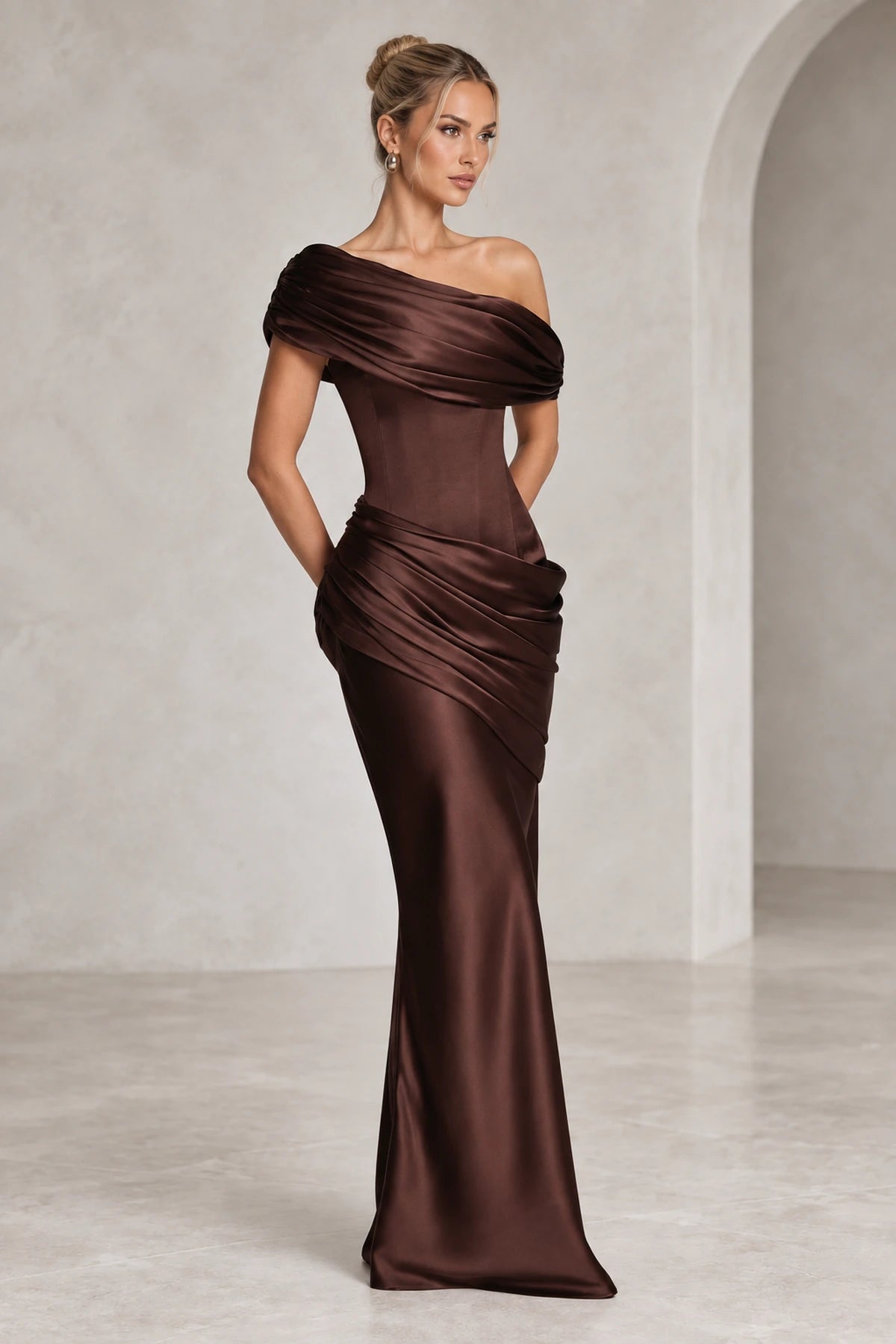 Elegant Sheath Off Shoulder Draped Closed Back Maxi Evening Dress