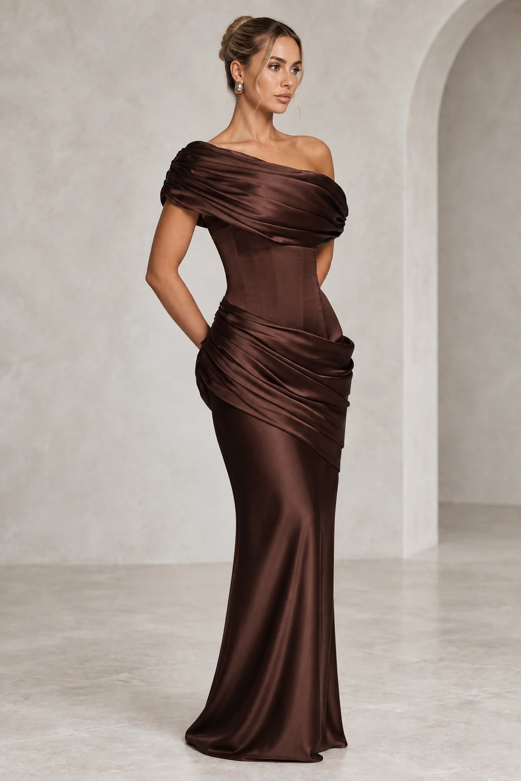 Elegant Sheath Off Shoulder Draped Closed Back Maxi Evening Dress