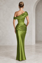 Olive green closed back off shoulder maxi evening dress with draped detail