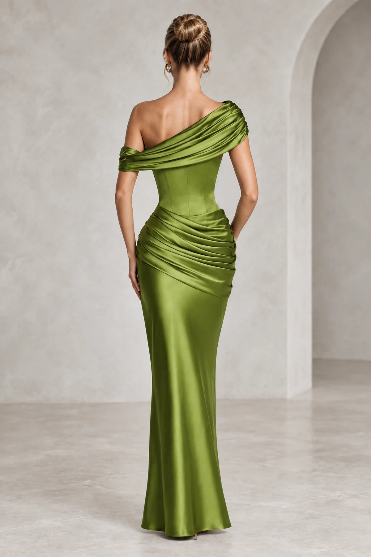 Olive green closed back off shoulder maxi evening dress with draped detail