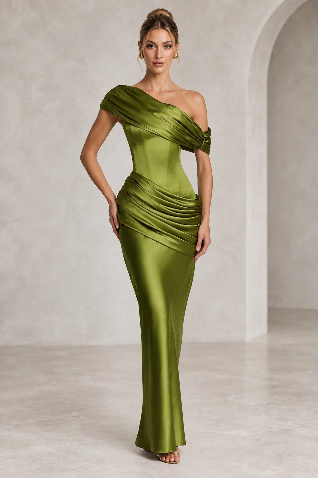 Olive green off shoulder draped sheath maxi evening dress with fitted silhouette