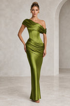 Olive green off shoulder draped sheath maxi evening dress with fitted silhouette