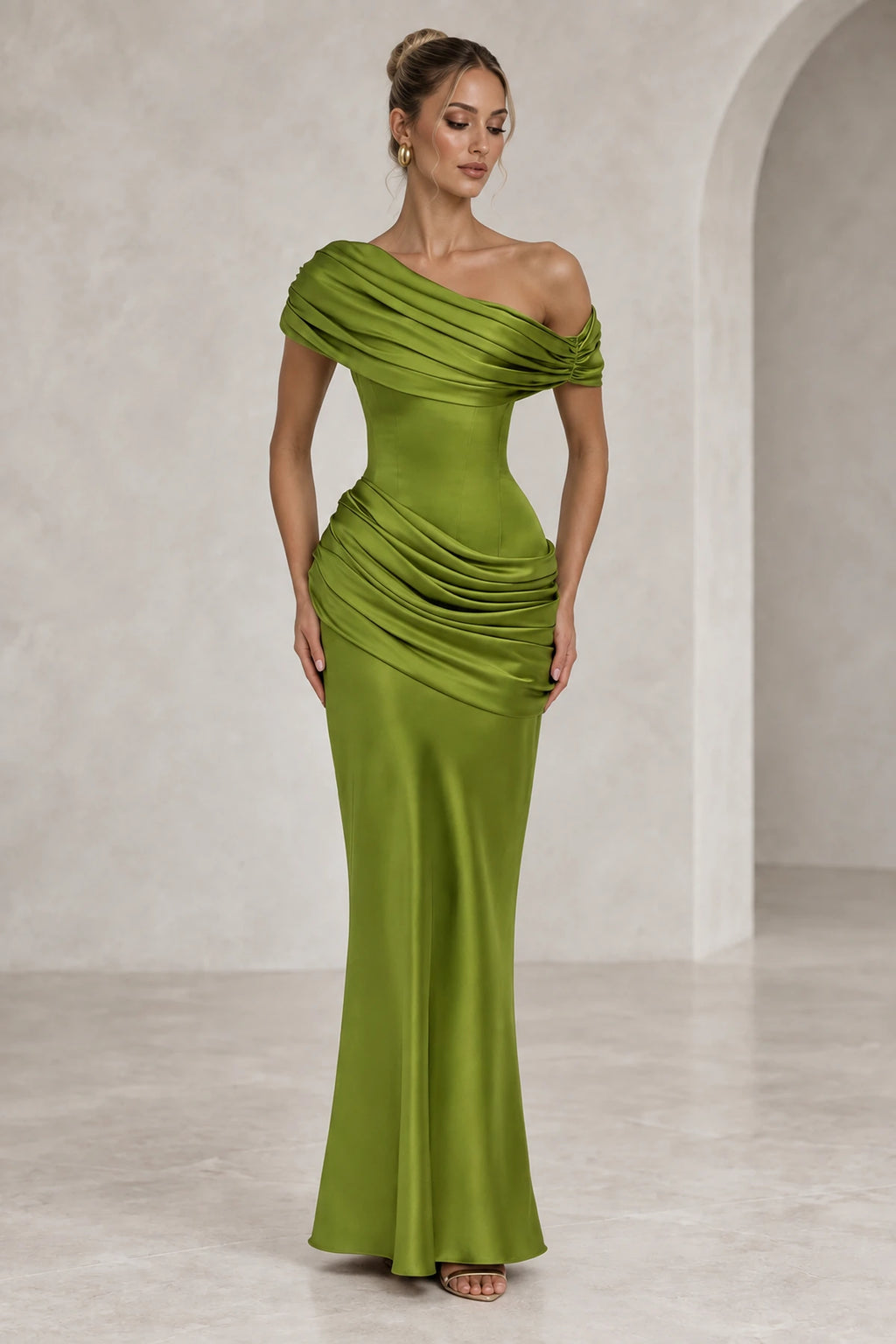 Elegant Sheath Off Shoulder Draped Closed Back Maxi Evening Dress