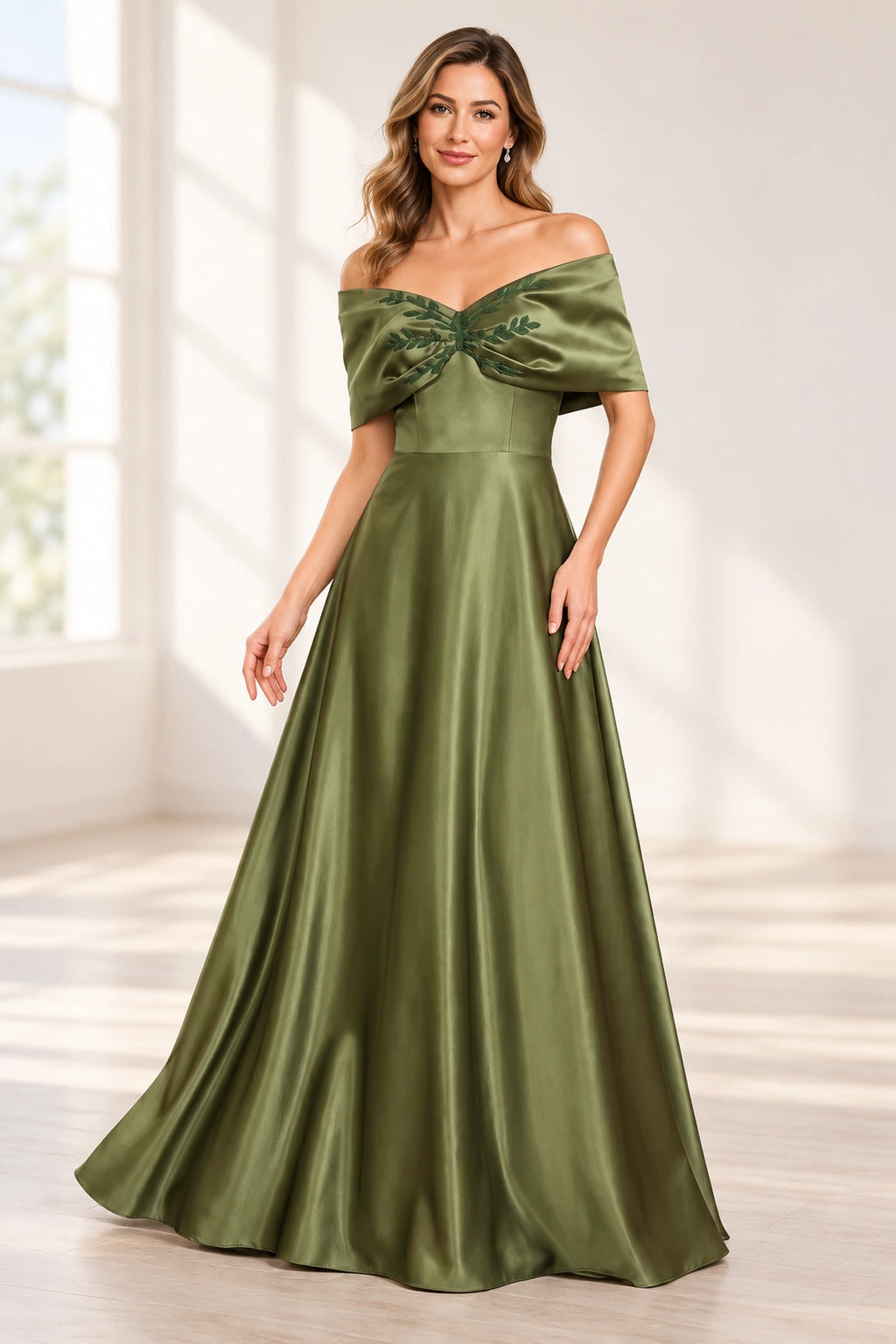 Olive green Mother of the Bride Dress with off shoulder neckline, embroidered leaf detail, fitted waist and A-line floor length skirt