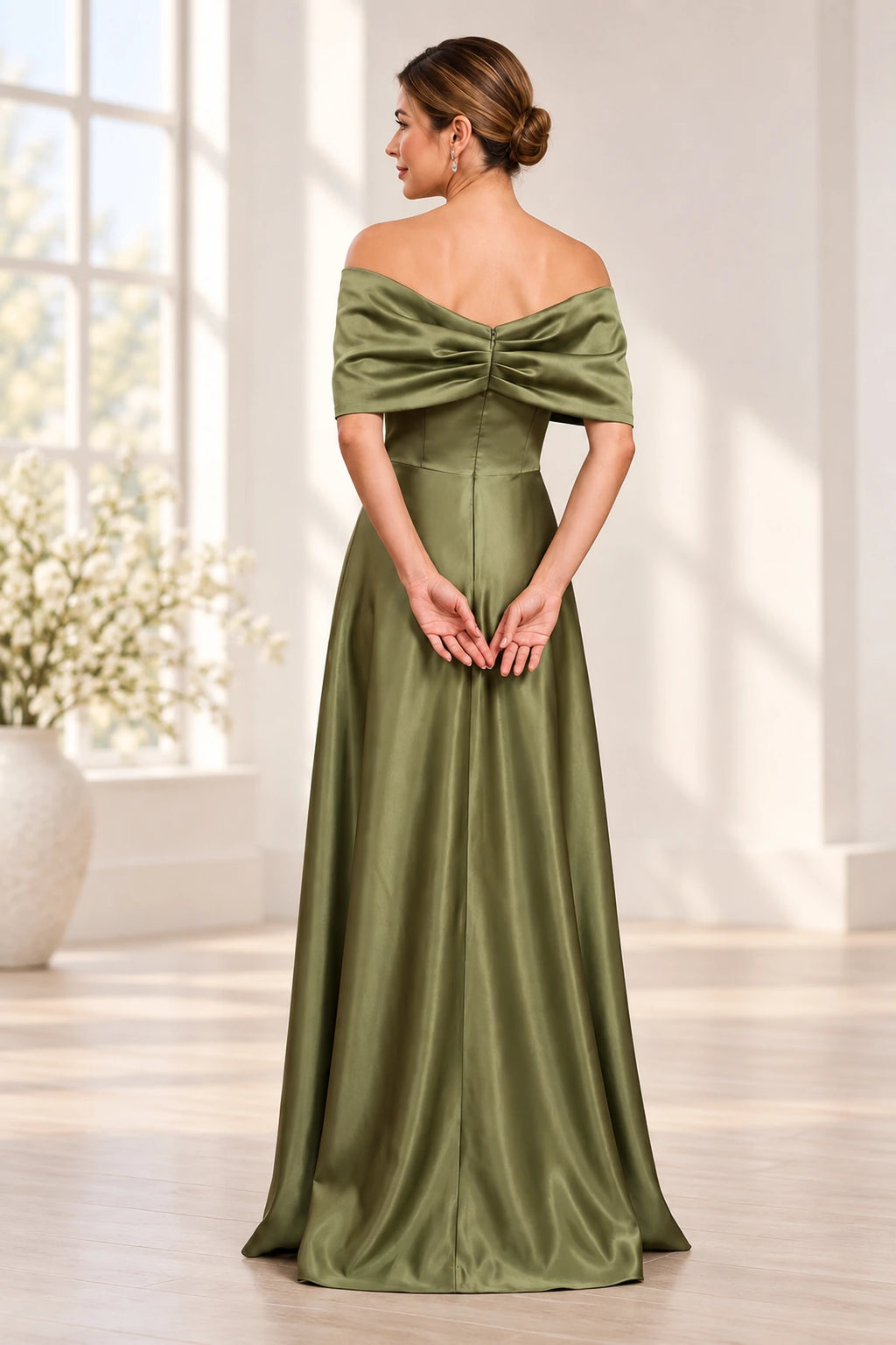 Olive green Mother of the Bride Dress with off shoulder styling and elegant floor length A-line silhouette