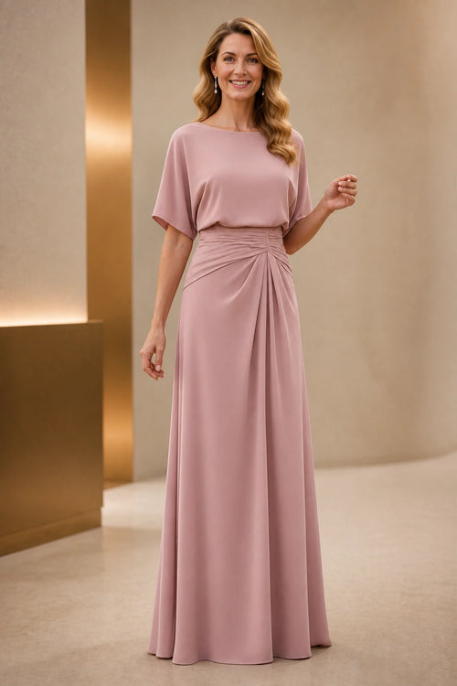 Dusty rose mother of the bride dress with boat neckline, short sleeves, ruched waist and floor-length A-line skirt