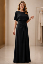 Elegant A-Line Boat Neck Short-Sleeve Closed-Back Floor-Length Mother of the Bride Dress